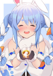 Rule 34 | 1girl, :d, ^ ^, alcohol, animal ear fluff, animal ears, bare shoulders, black gloves, black pantyhose, blue background, blue hair, blush, bow, braid, carrot hair ornament, closed eyes, commentary request, cup, detached sleeves, don-chan (usada pekora), dress, drinking glass, drunk, facing viewer, food-themed hair ornament, fur-trimmed dress, fur-trimmed gloves, fur trim, gloves, hair bow, hair ornament, highres, holding, holding cup, hololive, ice, ice cube, long hair, multicolored hair, nose blush, open mouth, pantyhose, puffy short sleeves, puffy sleeves, rabbit ears, short eyebrows, short sleeves, sidelocks, smile, solo, strapless, strapless dress, teeth, thick eyebrows, twin braids, twintails, two-tone background, two-tone hair, upper teeth only, usada pekora, usada pekora (1st costume), very long hair, virtual youtuber, white background, white bow, white dress, white sleeves, yudetama