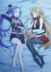 Rule 34 | 2girls, artist request, asuna (sao), bare legs, barefoot, bed, blue hair, braid, breasts, brown eyes, brown hair, crown braid, dress, feet, female focus, french braid, full body, highres, long hair, looking at another, lying, medium breasts, mito (sao), multiple girls, on bed, pantyhose, pleated skirt, ponytail, purple dress, purple skirt, red eyes, red skirt, skirt, sleeveless, sleeveless dress, sword art online, sword art online progressive, thighhighs, third-party edit, white dress, white sleeves