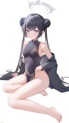 Rule 34 | 1girl, absurdres, aqua eyes, bare legs, barefoot, black dress, black hair, blue archive, breasts, butterfly hair ornament, china dress, chinese clothes, covered navel, doraski, double bun, dress, full body, groin, hair bun, hair ornament, halo, highres, kisaki (blue archive), long hair, looking at viewer, no panties, off shoulder, parted lips, pelvic curtain, side slit, simple background, sitting, small breasts, solo, taut clothes, taut dress, thighs, toes, twintails, white background