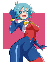Rule 34 | 1girl, :d, absurdres, allenby beardsley, antenna hair, blue bodysuit, blue eyes, blue hair, bodysuit, breasts, breasts apart, clenched hand, commentary, covered erect nipples, covered navel, cowboy shot, eyelashes, g gundam, gluteal fold, gundam, hair between eyes, hand up, highres, legs apart, light blue hair, medium breasts, mobile trace suit, open mouth, smile, solo, standing, teeth, thick thighs, thighs, two-tone background, upper teeth only, v-shaped eyebrows, vanishingknife