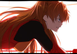 Rule 34 | 1girl, all fours, angry, backlighting, blue eyes, bodysuit, breasts, clenched teeth, evangelion: 3.0 you can (not) redo, eyepatch, from side, hanging breasts, isshiki (ffmania7), letterboxed, long hair, looking to the side, medium breasts, neon genesis evangelion, orange hair, parted lips, pilot suit, plugsuit, profile, rebuild of evangelion, shade, simple background, sketch, solo, souryuu asuka langley, straight hair, tape, teeth, two side up, white background