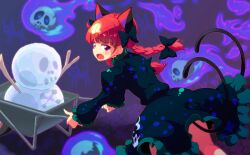 Rule 34 | 1girl, animal background, animal ears, black bow, black dress, blue fire, bow, braid, cart, cat, cat ears, cat tail, collar, collared dress, dress, fang, feet out of frame, fire, frilled collar, frilled dress, frilled sleeves, frills, from behind, frown, game cg, hair bow, juliet sleeves, kaenbyou rin, light blush, long hair, long sleeves, looking back, multiple hair bows, multiple tails, nekomata, official art, open mouth, puffy sleeves, purple background, purple eyes, pushing, short dress, skull, skull and crossbones, snowman, solo, stick, sw (taco), tail, touhou, touhou cannonball, twin braids, two tails
