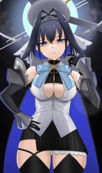 Rule 34 | 1girl, absurdres, black gloves, black skirt, black thighhighs, blue eyes, blue hair, bow, bow earrings, breasts, clothing cutout, commentary, cowboy shot, detached sleeves, earrings, english commentary, gloves, hair intakes, hand on own hip, highres, hololive, hololive english, jewelry, large breasts, looking at viewer, lunariskat, miniskirt, ouro kronii, ouro kronii (1st costume), shaded face, short hair, skirt, solo, standing, thighhighs, underboob cutout, virtual youtuber