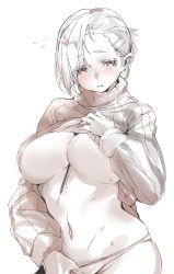 Rule 34 | absurdres, bad id, bad twitter id, between breasts, blush, breasts, clothes lift, food, highres, large breasts, monochrome, navel, pocky, sabaku no tanuki, shirt lift, sketch, solo, sweater, turtleneck