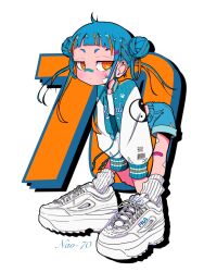 Rule 34 | 1girl, ahoge, artist name, bandaid, bandaid on cheek, bandaid on face, bandaid on leg, bandaid on nose, barcode, bent over, between legs, blue hair, blue jacket, blue shorts, blunt bangs, buttons, closed mouth, double bun, drawstring, drop shadow, fila, full body, hair bun, hair rings, hand between legs, highres, jacket, jitome, letterman jacket, light blush, long sleeves, looking at viewer, making-of available, multicolored hair, nao97122, number background, open clothes, open jacket, orange eyes, original, qr code, ribbed socks, ringed eyes, shirt, shoelaces, shoes, short bangs, short eyebrows, shorts, sidelocks, sneakers, socks, solo, standing, streaked hair, streetwear, twintails, white background, white footwear, white shirt, white socks, yin yang, yin yang print