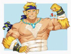 Rule 34 | 1boy, abs, animal ears, another eidos-r, bad id, bad twitter id, bara, biceps, blonde hair, blue headband, chest hair, chest tuft, cropped torso, facial hair, flexing, hand up, headband, highres, jewelry, kansuke (kansuke 717), large pectorals, looking at viewer, magatama, magatama necklace, male focus, mature male, midriff sarashi, muscular, muscular male, mustache stubble, mutton chops, necklace, nipples, notice lines, nude, pectorals, pugi (another eidos), sarashi, scar, scar on arm, short hair, smirk, solo, sparse stubble, stubble, thick eyebrows, tiger boy, tiger ears, tiger stripes