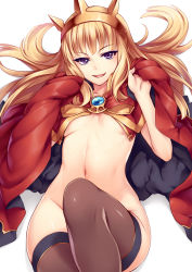 Rule 34 | 10s, 1girl, black thighhighs, blonde hair, blush, breasts, brooch, cagliostro (granblue fantasy), cape, convenient leg, crown, granblue fantasy, jewelry, long hair, looking at viewer, naked cape, navel, open mouth, purple eyes, simple background, small breasts, smile, solo, thighhighs, tsuki tokage, underboob, white background
