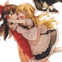 Rule 34 | 2girls, apron, black dress, black hair, blonde hair, blush, bow, braid, brown eyes, closed eyes, closed mouth, detached sleeves, dress, frilled apron, frilled dress, frilled hair tubes, frilled hat, frilled skirt, frills, hair bow, hair tubes, hakurei reimu, hat, hat bow, hug, inuko (ink0425), kirisame marisa, leaning back, light particles, long hair, long sleeves, looking at another, multiple girls, one eye closed, open mouth, pleated skirt, red bow, red skirt, red vest, ribbon-trimmed sleeves, ribbon trim, shirt, short sleeves, simple background, skirt, touhou, vest, white apron, white background, white bow, white shirt, white sleeves, wide sleeves, witch, witch hat, yuri