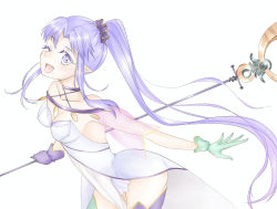 Rule 34 | 1girl, blush, breasts, medea (fate), medea (lily) (fate), cleavage, dress, fate/grand order, fate (series), gloves, hair ornament, highres, one eye closed, open mouth, pointy ears, ponytail, purple eyes, purple hair, staff, thighhighs, very long hair, weapon, wink