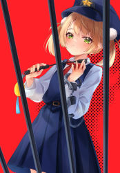 Rule 34 | 1girl, adapted costume, aged down, bars, bel, blonde hair, blue dress, blue hat, blush, bow, bowtie, collared shirt, cowlick, crime prevention buzzer, cuffs, dress, dress shirt, green eyes, hair ornament, handcuffs, hat, highres, holding, holding whip, long sleeves, looking at viewer, official alternate costume, pinafore dress, pleated dress, police hat, pom pom (clothes), pom pom hair ornament, prison cell, red bow, red bowtie, school uniform, shigure ui (vtuber), shigure ui (vtuber) (young), shiro kikurage, shirt, short hair, sleeveless, sleeveless dress, solo, twintails, virtual youtuber, white shirt