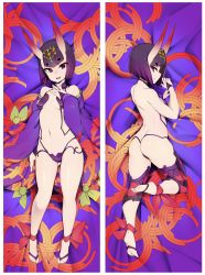 Rule 34 | 1girl, ass, bad id, bad twitter id, barefoot, barefoot sandals (jewelry), bob cut, breasts, cleavage, dakimakura (medium), eyebrows, fate/grand order, fate (series), feet, gluteal fold, hair ornament, haori, highres, horns, japanese clothes, looking at viewer, lying, multiple views, navel, on back, oni, pale skin, purple hair, short hair, shuten douji (fate), skin-covered horns, slugbox, small breasts, smile, soles, stomach, thigh gap, toes, tongue