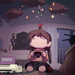 Rule 34 | 1boy, 1girl, = =, bed, bedroom, bird, black skirt, braid, brown hair, closed eyes, cloud, controller, curtains, eggplant, expressionless, famicom, from below, game console, game controller, holding, holding controller, holding game controller, houten (dre a mer), indoors, kotatsu, long hair, madotsuki, mini person, miniboy, no mouth, no nose, on floor, on head, person on head, pink sweater, poster (object), sitting, skirt, sparkle, sweater, table, twin braids, wariza, yume nikki