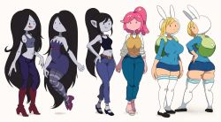 Rule 34 | 3girls, adventure time, alternate costume, animal hood, ass, backpack, bag, bare arms, bare shoulders, belt, belt buckle, black footwear, black hair, blonde hair, blue shirt, blue skirt, boots, breasts, brown belt, brown footwear, buckle, capri pants, colored skin, covered navel, crop top, curvy, demon girl, denim, dress, fionna campbell, floating, full body, grey skin, hand on own hip, hat, high heels, high ponytail, hood, large breasts, legs together, long hair, marceline abadeer, medium breasts, microskirt, midriff, multiple girls, multiple views, navel, no socks, open shoes, pants, pantyhose, pencil skirt, pink hair, pink skin, pointy ears, princess bonnibel bubblegum, rabbit ears, rabbit hood, shirt, short dress, skindentation, skirt, strapless, strapless dress, striped clothes, striped pantyhose, tank top, thighhighs, very long hair, white background, white thighhighs, yuta agc, zettai ryouiki