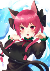 Rule 34 | 1girl, :3, :d, animal ears, black bow, black dress, blue fire, blush, bow, braid, breasts, cat ears, cat tail, commentary, dress, fang, fire, hair bow, hair ribbon, hitodama, juliet sleeves, kaenbyou rin, kirisita, long hair, long sleeves, looking at viewer, multiple tails, neck ribbon, nekomata, one-hour drawing challenge, open mouth, paw pose, puffy sleeves, red eyes, red hair, red ribbon, ribbon, simple background, small breasts, smile, solo, tail, touhou, tress ribbon, twin braids, twintails, two tails, upper body, white background