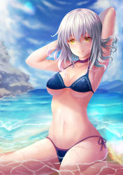Rule 34 | 1girl, armpits, arms behind head, arms up, bikini, blue bikini, blush, breasts, cleavage, collarbone, faker (pili524), fate/grand order, fate (series), grin, highres, jeanne d&#039;arc (fate), jeanne d&#039;arc alter (avenger) (fate), jeanne d&#039;arc alter (fate), looking at viewer, medium breasts, navel, parted lips, sideboob, sitting, smile, solo, swimsuit, teeth, wariza, water drop, wet, white hair, yellow eyes