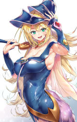 Rule 34 | 1girl, ass, bare shoulders, blonde hair, blue dress, blue hat, blush, breasts, cleavage, collarbone, dark magician girl, detached sleeves, dress, green eyes, hat, hexagram, highres, jewelry, large breasts, long hair, looking at viewer, neck ring, open mouth, pendant, sasakuma kyouta, simple background, smile, staff, white background, witch hat, yu-gi-oh!, yu-gi-oh! duel monsters