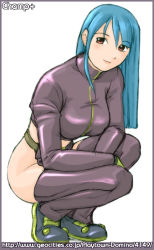 Rule 34 | 1girl, belt, blue hair, breasts, champ+, chaps, cropped jacket, gloves, kula diamond, large breasts, long hair, midriff, no panties, red eyes, smile, solo, squatting, the king of fighters, watermark, web address