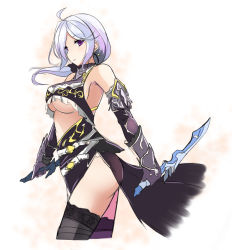 Rule 34 | 1girl, ahoge, ass, beige background, black thighhighs, breasts, center opening, colorized, cowboy shot, dagger, dual wielding, earrings, fatkewell, gauntlets, guild wars (series), guild wars 1, hip focus, holding, jewelry, knife, large breasts, light purple hair, purple eyes, side slit, simple background, sketch, solo, standing, thighhighs, underboob, weapon