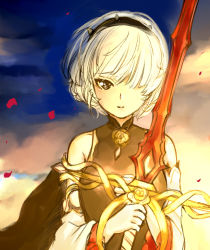 Rule 34 | 1girl, catbell, detached sleeves, hair over one eye, looking at viewer, petals, red sword, short hair, smile, solo, sword, weapon, white hair
