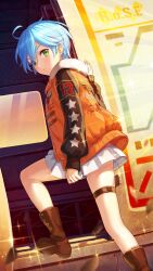 Rule 34 | 1girl, ankle boots, blue hair, boots, brown footwear, cornelia (girl cafe gun), dutch angle, expressionless, foot out of frame, from side, fur-trimmed jacket, fur trim, girl cafe gun, green eyes, hand up, highres, jacket, looking to the side, miniskirt, official art, open door, orange jacket, pleated skirt, pouch, short hair, sidelighting, skirt, solo, sparkle, star (symbol), star print, stepping, sunlight, text print, thigh pouch, thigh strap, white skirt, window