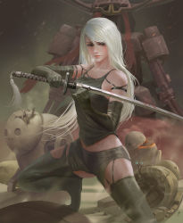 Rule 34 | 1girl, android, armlet, black gloves, black shorts, derrick song, dirty, elbow gloves, fighting stance, gloves, highres, holding, holding sword, holding weapon, joints, long hair, nier (series), nier:automata, pink lips, robot, robot joints, short shorts, shorts, silver hair, solo, squatting, sword, tank top, weapon, a2 (nier:automata)