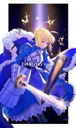 Rule 34 | 1girl, ahoge, armor, armored dress, artoria pendragon (all), artoria pendragon (fate), avalon (fate/stay night), blonde hair, blue dress, border, braid, breastplate, commentary request, copyright name, dress, excalibur (fate/stay night), fate/stay night, fate (series), french braid, gauntlets, green eyes, hair bun, hal (haaaalhal), half-closed eyes, highres, holding, holding sword, holding weapon, juliet sleeves, long sleeves, outside border, puffy sleeves, saber (fate), scabbard, sheath, short hair, signature, single hair bun, smile, solo, sword, weapon, white border