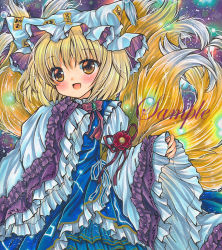 Rule 34 | 1girl, :d, animal hat, blonde hair, blue tabard, brooch, brown eyes, camellia, cowboy shot, dress, flower, fox tail, frilled dress, frilled sleeves, frilled tabard, frills, green brooch, hair between eyes, hat, jewelry, long sleeves, looking at viewer, marker (medium), mob cap, multiple tails, ofuda, ofuda on clothes, open mouth, purple background, red flower, rui (sugar3), sample watermark, sleeve ribbon, sleeves past fingers, sleeves past wrists, smile, solo, tabard, tail, touhou, traditional media, watermark, white dress, wide sleeves, yakumo ran