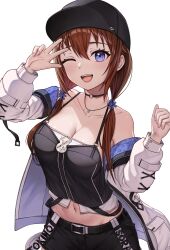 Rule 34 | 1girl, absurdres, ahaha kun, bare shoulders, belt, blue eyes, breasts, brown hair, cleavage, hat, highres, hololive, jacket, large breasts, long hair, looking at viewer, low twintails, midriff, navel, one eye closed, open mouth, shorts, solo, tokino sora, tokino sora (streetwear), twintails, virtual youtuber