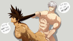 Rule 34 | 2boys, abs, anal, bara, borrowed character, cum, erection, grin, guilty gear, happy sex, highres, male focus, male penetrated, multiple boys, muscular, nude, original, pectorals, penis, sex, smile, smirk, sol badguy, sweat, text focus, yaoi, zakku