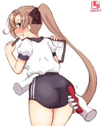 Rule 34 | 1girl, 1other, akigumo (kancolle), alternate costume, artist logo, ass, baton, black buruma, brown hair, buruma, commentary request, cowboy shot, dated, disembodied hand, drawing tablet, from behind, green eyes, grin, gym uniform, hair ribbon, highres, kanon (kurogane knights), kantai collection, leaning forward, long hair, looking back, poking, ponytail, ribbon, shirt, sideways glance, simple background, smile, stylus, t-shirt, white background, white shirt
