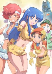 Rule 34 | 1980s (style), 1boy, 1other, 3girls, absurdres, blue eyes, blue hair, breasts, commentary, commentary request, company connection, crossover, dirty pair, doris wave, earrings, finger gun, flat chest, giant gorg, gloves, gorg, green gloves, hat, headband, headphones, headset, highres, index finger raised, jewelry, k katora, kei (dirty pair), large breasts, long hair, looking at viewer, mecha, midriff, multiple girls, navel, oldschool, open mouth, orange hair, outstretched arm, pointing, pointing at viewer, red hair, retro artstyle, robot, science fiction, simple background, smile, sunrise (company), tagami yuu, teeth, visor cap, white background, yellow gloves, yuri (dirty pair)