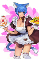 Rule 34 | 1girl, animal ears, bell, blue eyes, blue hair, breasts, cake, cat ears, cat tail, character name, cleavage, food, heater, highres, holding, holding plate, large breasts, maid, mingyeong, neck bell, original, plate, short hair, simple background, solo, tail, thighhighs, waitress