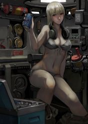 Rule 34 | 1girl, alcohol, arm at side, beer can, belt, bikini, blonde hair, blush, breasts, brown eyes, can, cleavage, clothes pull, cooler, drink can, fire extinguisher, front-tie bikini top, front-tie top, headphones, headphones around neck, highres, holding, holding can, jittsu, knees together feet apart, long hair, looking at viewer, navel, open belt, original, pants, pants pull, russian text, side-tie bikini bottom, sitting, smile, solo, swimsuit, tank interior, white bikini