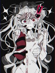 Rule 34 | 1girl, bandages, bandaid, grey hair, halo, hatsune miku, heart, heart-shaped pupils, mouth hold, navel, nude, pinky out, solo, stitches, symbol-shaped pupils, tabun ningen, vocaloid
