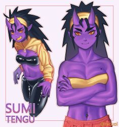 Rule 34 | 1girl, absurdres, bandana, bandeau, black bandeau, black hair, black nails, black pants, breasts, cleavage, colored sclera, colored skin, colored tongue, commentary, crossed arms, demon girl, demon horns, earrings, fang, hairband, highres, horns, jewelry, long hair, medium breasts, midriff, mole, mole on breast, mole under eye, navel piercing, nicuoi, original, pants, piercing, pointy ears, purple skin, red eyes, shiny clothes, shrug (clothing), smile, solo, symbol-only commentary, turtleneck, twitter username, yellow bandana, yellow hairband, yellow sclera, yellow tongue