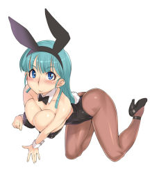 Rule 34 | 1girl, animal ears, aqua hair, bad id, bad pixiv id, blue eyes, blue hair, breasts, brown pantyhose, bulma, cleavage, cuff links, cuffs, dragon ball, fake animal ears, from above, full body, high heels, large breasts, leotard, long hair, looking at viewer, matching hair/eyes, oohara kyuutarou, pantyhose, playboy bunny, rabbit ears, shoes, simple background, sitting, smile, solo, white background, wrist cuffs