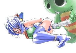 Rule 34 | 1boy, 1girl, 2k-tan, arms behind back, artist request, ass cutout, assless swimsuit, bare arms, bare shoulders, bdsm, blue hair, blue one-piece swimsuit, blue thighhighs, blush, bondage, bound, bound ankles, breasts, buck teeth, censored, clothing cutout, clyster syringe, creature, drooling, enema, facing viewer, fetal position, gachapin, glasses, hirake! ponkikki, legs together, looking at viewer, looking over eyewear, lying, medium breasts, mosaic censoring, no shoes, on side, one-piece swimsuit, open mouth, os-tan, pussy, pussy peek, simple background, solo, swimsuit, teeth, thighhighs, white background