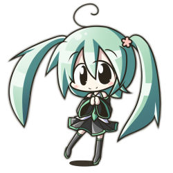 Rule 34 | 1girl, ahoge, aoblue, chibi, female focus, full body, gradient background, green hair, hatsune miku, long hair, skirt, solo, thighhighs, twintails, very long hair, vocaloid, white background