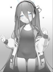 Rule 34 | 1girl, aris (blue archive), blue archive, blue eyes, blush, cowboy shot, greyscale, grin, hair between eyes, hairband, halo, heart, jacket, long hair, long sleeves, looking at viewer, monochrome, one-piece swimsuit, open clothes, open jacket, smile, solo, spot color, swimsuit, teriibol, very long hair