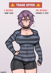 Rule 34 | !, ..., 1girl, absurdres, bike shorts, blue eyes, breasts, choker, cleavage, collarbone, covered navel, cowboy shot, english text, engrish text, grey background, hair between eyes, hand on own hip, highres, large breasts, long sleeves, looking at viewer, maya (roadi3), meme, muscular, muscular female, original, purple hair, ranguage, roadi3, scar, scar on face, scar on nose, short hair, simple background, solo, standing, sweatdrop, trade offer (meme)