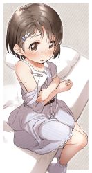 Rule 34 | 1girl, :o, bed, black hair, blue dress, blush, brown eyes, brown hair, camisole, diagonal stripes, digital thermometer, dress, grey background, hair ornament, hairclip, highres, idolmaster, idolmaster cinderella girls, looking at viewer, off shoulder, on bed, open mouth, parted lips, pillow, puffy short sleeves, puffy sleeves, rabbit hair ornament, sasaki chie, short hair, short sleeves, sitting, socks, solo, striped background, striped clothes, striped dress, sweat, thermometer, vertical-striped clothes, vertical-striped dress, white camisole, white socks, yukie (kusaka shi)