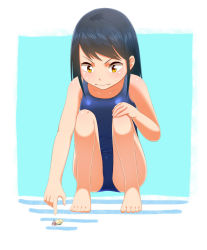 Rule 34 | 1girl, barefoot, black hair, blush, crab, exeb., hand on own knee, hermit crab, legs, long hair, looking down, one-piece swimsuit, original, poking, school swimsuit, solo, squatting, sweat, swimsuit, wavy mouth, yellow eyes