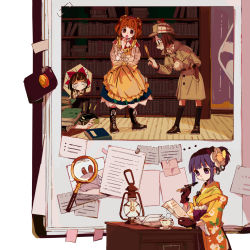 Rule 34 | 3girls, apron, bell, black legwear, blank eyes, blunt bangs, book, bookshelf, boots, bow, brown eyes, brown footwear, brown gloves, brown hair, buried, coat, cup, deerstalker, floral print, flower, frills, futatsuiwa mamizou, gloves, green skirt, hair bell, hair bow, hair flower, hair ornament, hakurei reimu, hand up, hat, hieda no akyuu, highres, holding, holding magnifying glass, holding paper, holding pen, indoors, japanese clothes, kimono, lantern, leaf hair ornament, leaning forward, looking at another, magnifying glass, motoori kosuzu, multiple girls, nib pen (object), open mouth, orange hair, paper, paperclip, pen, pom pom (clothes), print kimono, purple eyes, purple hair, red bow, renzaoshen, saucer, shoes, short hair, short ponytail, skirt, socks, steam, sweatdrop, tape, teacup, touhou, two side up, yellow apron, yellow kimono