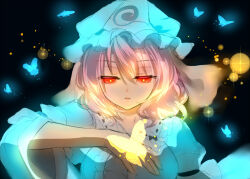 Rule 34 | 1girl, black background, blue hat, bug, butterfly, half-closed eyes, hat, insect, lens flare, long sleeves, mob cap, nagare, open mouth, pink hair, red eyes, saigyouji yuyuko, short hair, simple background, solo, touhou, triangular headpiece, upper body, wide sleeves