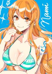 1girl artist_name bare_shoulders bikini bikini_top_only blue_background breasts character_name cleavage closed_mouth coll_(erichankun) collarbone commentary dated earrings glint green_bikini halterneck highres jewelry large_breasts long_hair looking_at_viewer nami_(one_piece) one_piece orange_eyes orange_hair pearl_earrings shoulder_tattoo smile sparkle swimsuit tattoo underboob upper_body wavy_hair