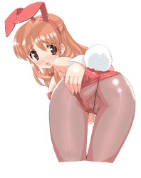 Rule 34 | 1girl, animal ears, anus, asahina mikuru, ass, bent over, blush, brown eyes, brown hair, censored, clothing aside, fake animal ears, from behind, leotard, leotard aside, looking at viewer, looking back, open mouth, pantyhose, playboy bunny, pussy, rabbit ears, rabbit tail, simple background, solo, suzumiya haruhi no yuuutsu, tail, thigh gap, white background