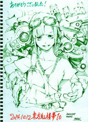 Rule 34 | 1girl, 2014, alternate costume, alternate hairstyle, artist name, belt, chain necklace, dated, gloves, goggles, goggles on head, goggles on headwear, jewelry, kawashiro nitori, key, mechanic, monochrome, necklace, overalls, pants, pocket, savan, shirt, simple background, sketch, smile, solo, tools, touhou, traditional media, utility belt