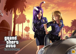 Rule 34 | 2girls, agave, alternate costume, animal ears, belt, black belt, black legwear, black neckwear, black pants, blonde hair, blue shirt, bow, braid, building, car, city, closed mouth, commentary request, contrapposto, cookie (touhou), cowboy shot, crossed arms, grand theft auto, grand theft auto: san andreas, gun, hair bow, hand on own hip, highres, hisui (cookie), holstered, key, keyring, kirisame marisa, lamppost, leaning, long hair, looking at another, looking at viewer, megafaiarou (talonflame 810), miniskirt, motor vehicle, multiple girls, necktie, one eye closed, open mouth, orange sky, palm tree, pants, police, police uniform, policewoman, purple hair, rabbit ears, red bow, red eyes, reisen udongein inaba, road, shirt, single braid, skirt, sky, smile, standing, street, suzu (cookie), touhou, tree, uniform, walkie-talkie, weapon, yellow eyes