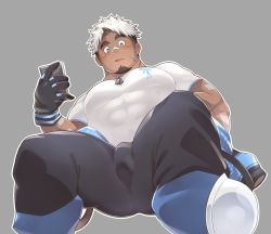 Rule 34 | 1boy, absurdres, akiha gongen (housamo), bandaid, bandaid on face, bandaid on nose, bara, black pants, blush, bulge, covered abs, dark-skinned male, dark skin, dog tags, face, facial hair, facial scar, feet out of frame, from below, goatee, grey background, highres, holding, holding phone, horns, large pectorals, looking at viewer, male focus, multicolored hair, muscular, muscular male, osu (osumankokuou), pants, pectorals, phone, scar, scar across eye, scar on cheek, scar on face, shirt, short hair, sideburns, single horn, solo, sunlight, thick eyebrows, tight clothes, tight shirt, tokyo houkago summoners, two-tone hair, white hair, white shirt