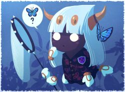 Rule 34 | 1girl, 5health, ?, animal print, black shirt, blue background, blue butterfly, blunt bangs, blunt ends, blush stickers, border, bug, bug print, butterfly, butterfly net, butterfly print, buttons, collared shirt, confused, crest, dark-skinned female, dark skin, disembodied hand, extra ears, extra hands, eyelashes, full body, gloves, hand net, hand on own cheek, hand on own face, highres, holding, holding butterfly net, horns, insect, kirby (series), lapels, long hair, nintendo, notched lapels, parted lips, plant, queen sectonia, shirt, solid circle eyes, solid oval eyes, solo, spikes, spoken animal, spoken question mark, straight hair, white border, white eyes, white gloves, white hair, yellow eyes, yellow horns